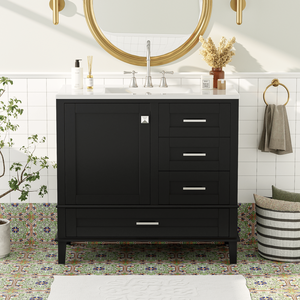 Modern 36\" Black Bathroom Vanity Solid <b>Pine</b> Frame with 1 Soft-Close Door and 3 Drawers Efficient Storage <b>Cabinet</b> - Product Image 2
