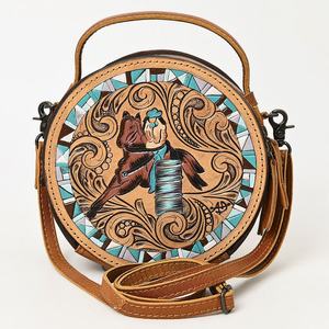 Sac rond de style western pour femme de haute qualité, en cuir véritable, avec motif floral, pour l'automne, accessoire de sac à dos - Product Image 2