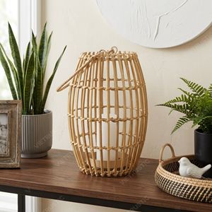 Lanterne scandinave en rotin, porte-bougie suspendu à lattes ouvertes, lanterne de jardin en verre, support de bougie, lumière décorative intérieure - Product Image 5