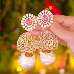 Gold Plated White Zircon Jhumka Hoop Earrings for Wedding Party - Product Image 3