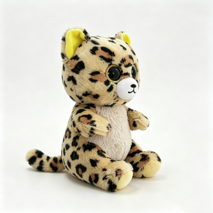Peluche léopard personnalisée, poils duveteux, oreilles et pattes jaunes, yeux avec bordure dorée scintillante. - Product Image 1