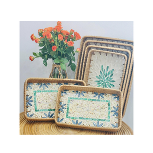 Hand-woven Rattan and Capiz Shell Inlay Serving Tray Floral Shell Inlaid Rattan Tray Colorful Seashell Rattan Tray Mosaic - Product Image 5
