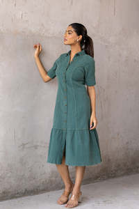 EMERALD COTTON DENIM MAXI <b>DRESS</b> Green Cotton Shirt Midi <b>Dress</b> With <b>Ruffle</b> Hem Turn-down Collar Short Sleeve Casual Daily Wear - Product Image 4