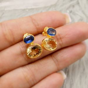 ต่างหูสตั๊ด Citrine และ kynite-ทรงกลมพลอย925เงินแท้ต่างหูเหลี่ยมเพชรพลอยมินิมอล - Product Image 3