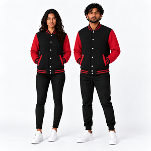 Unisex <b>Black</b> <b>Red</b> <b>Varsity</b> <b>Jacket</b> Solid Color Button Closure Regular Fit Polyester Cotton Outerwear Autumn Wear - Product Image 2