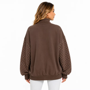 Fournisseur de sweats à capuche pour femmes en coton 100% avec col montant, manches ornées de perles personnalisées et impression de lettres épaisses, vente en gros - Product Image 2