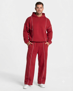 Wholesale Men's Cherry <b>Oversized</b> Contrastline Custom Tracksuit Set Premium Quality Cotton Fleece Hoodie & Wide Leg <b>Sweatpants</b> - Product Image 1