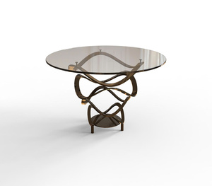 Mesa de Comedor Redonda Moderna de Vidrio con Base Metálica de Lujo con Cinta Dorada Trenzada para Villa y Hotel - Product Image 1