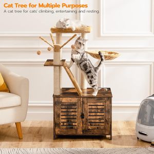 Arbre à chat avec enclos pour litière, tour à chat en bois de 44 pouces de hauteur avec griffoir, hamac pour chat, condo pour chat d'intérieur tout-en-un, brun rustique - Product Image 3