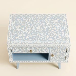 Mesita de noche tradicional india con incrustaciones de hueso, ecológica y de lujo, con cajón organizador para el dormitorio. - Product Image 3