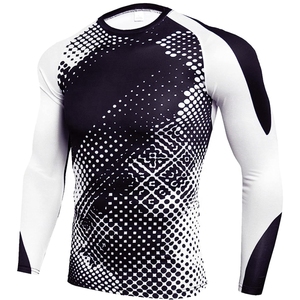 เสื้อแรชการ์ดแขนยาวผู้ชาย สีดำขาว พิมพ์ลายแบบซับลิเมชั่น แห้งเร็ว ผ้ายืดสแปนเด็กซ์ โพลีเอสเตอร์ เสื้อกีฬา ทรงพอดีตัวสำหรับผู้ใหญ่ - Product Image 2