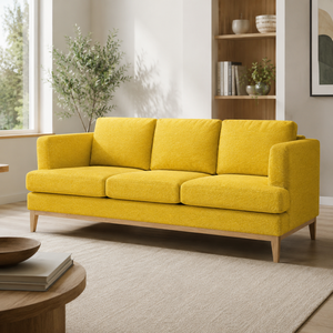 Sofá moderno de 3 plazas tapizado en tela amarilla para sala de estar con patas de madera y cojines para el hogar. - Product Image 2