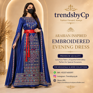 Custom Wholesale Royal Blue Velvet Women Thobe Luxury Embroidered Kaftan Abaya Split <b>Cape</b> Sleeve Straight Eco-Friendly Modest - Product Image 6