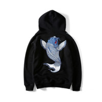 Sweat à capuche pour homme, noir, avec broderie à la main de poisson koï bleu sur le dos, coupe classique, style japonais Sukajan, 100% coton, pour l'automne