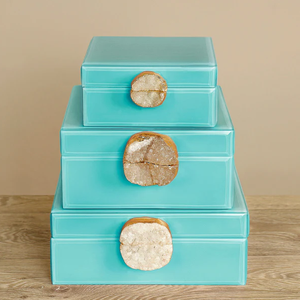 Luxury Turquoise Blue Color Mirror <b>Glass</b> Decorative Storage Box Agate <b>Knob</b> Premium Jewelry Vanity Organizer Boxes Home Decor - Product Image 1