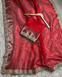 KV Self Design, Woven Banarasi Tissue <b>Saree</b> (<b>Red</b>) - Product Image 5