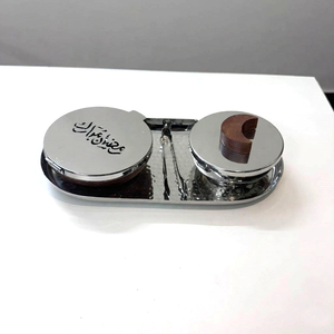 Elegant <b>Silver</b> Metal & Wood Incense <b>Burner</b> Set Featuring A Ramadan Mubarak Lidded Bowl, Crescent Handle, And Sleek Tray For Home - Product Image 3