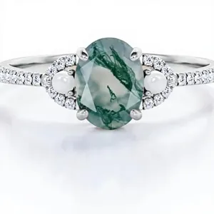 แหวนหมั้นทรงวงรีคลาสสิกประดับมอสอาเกตธรรมชาติ เงินแท้ 925 ตัวเรือนแบบกรงเล็บ รับรองโดยผู้ตรวจสอบอิสระ สำหรับงานแต่งงาน - Product Image 1