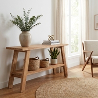 Console rustique en bois massif à 2 niveaux avec étagère inférieure, table d'appoint en bois naturel pour entrée, couloir, salon, mobilier de maison