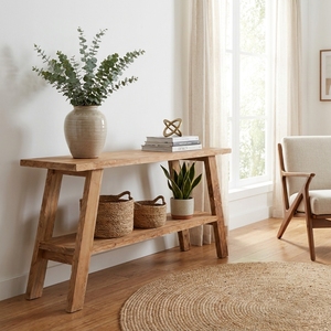 <b>Rustic</b> Solid Wood Console <b>Table</b> 2 Tier Bottom Shelf <b>Wooden</b> Entryway Hallway Side <b>Table</b> Natural Timber Living Room Home Furniture - Product Image 2