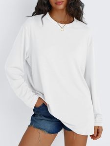 <b>Women's</b> <b>White</b> Oversized Crew Neck <b>Long</b> <b>Sleeve</b> <b>T</b>-<b>Shirt</b> Loose Fit 100% Cotton Jersey Knitted Solid Color Spring Wear Anti-Shrink - Product Image 2