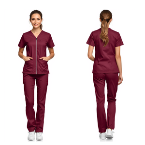 Conjunto de Uniforme Médico para Mujer, Color Borgoña, con Cierre Frontal y Bolsillos Tipo Cargo - Product Image 1