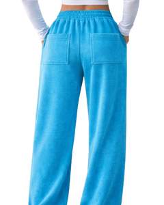 Pantalones de chándal de forro polar azul cielo para mujer, de pierna ancha, con ribete lateral, cintura elástica con cordón, ajuste holgado informal, estilo jogger, para estar en casa - Product Image 3
