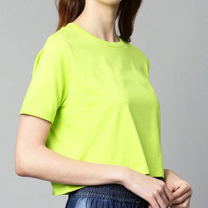 <b>Women's</b> <b>Neon</b> Green Canvas Crop Top Short Sleeve Crew Neck Asymmetric Regular Fit Casual Eco-Friendly Breathable 100% Cotton - Product Image 2