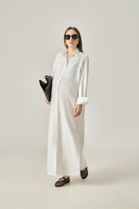 Vestido Maxi a Rayas de Algodón Tejido para Mujer, Cierre de Botones al Frente, Cuello Camisero, Corte Holgado, Transpirable, Estilo Casual Minimalista - Product Image 4