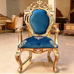 Juego de Comedor de Alta Gama en Oro Champán, Tapizado en Azul de Lujo, Madera de Teca Tallada Antigua, Muebles de Palacio Real Premium - Product Image 3