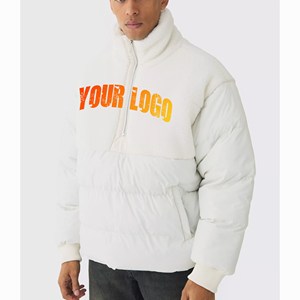 Men's White Quarter-Zip Puffer Jacket With Sherpa Lining And Front Logo Print Casual <b>Winter</b> <b>Coat</b> - Product Image 1