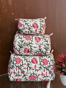 Quilted Reusable Cotton Zipper Floral Block Print <b>Toiletry</b> <b>Bag</b> Fashion <b>Women</b> Makeup <b>Bag</b> Set Tassel Indian Organic Canvas - Product Image 3