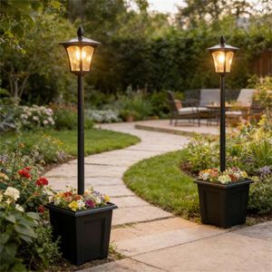 Set di 2 Luci Solari da Giardino Nere con Vaso per Fiori e Illuminazione Ambientale - Product Image 1