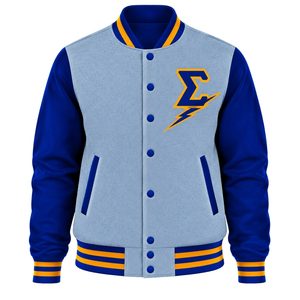 Womens Light <b>Grey</b> Varsity Bomber Jacket Blue Sleeves Sigma Letter Lightning Embroidery Gold Trim Snap Button College Style <b>Coat</b> - Product Image 1