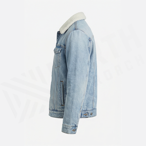 Light Blue Denim <b>Jacket</b> With Shearling Collar Regular Fit Stonewashed Cotton Casual Autumn Style Men's <b>Jacket</b> - Product Image 3