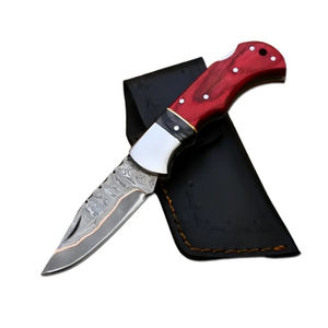 Cuchillo de Bolsillo Abatible Burraq DIY de Acero de Damasco Hecho a Mano de 8 Pulgadas con Mango de Madera y Funda de Cuero, Opción OEM, Regalo de Aniversario - Product Image 1
