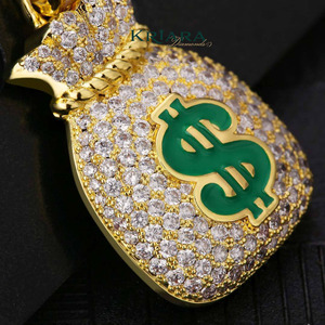 Moissanite <b>Money</b> Bag Pendant With Green Dollar Sign Rhinestone Charms Hiphop Style Unisex Jewelry - Product Image 3