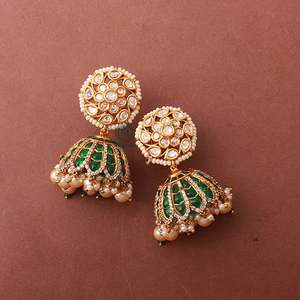 Adya Emerald Green Pearl Polki Jhumkas-Gold Plated Hoop Earrings for Wedding & Party - Product Image 2