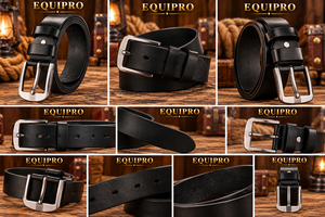 Ceinture décontractée pour homme Equipro en cuir de vachette véritable noir, boucle carrée argentée, style vintage rayé, longueur personnalisable, prête à offrir - Product Image 3