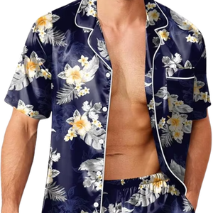 Mens Pajamas Set Silk Satin Sleepwear Short Sleeve Button Down <b>Pjs</b> Set 2 Piece Loungewear with Pockets - Product Image 4