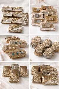 Bolso de mano de noche para mujer con patrón cuadrado de latón MOP, tachuelas de piedra, cierre magnético, forro de poliéster, correa de cadena hecha a mano, a la moda - Product Image 3