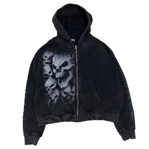 Conjunto Deportivo con Capucha y Estampado de Calavera Gótica para Hombre, Sudadera con Cremallera de Manga Larga y Pantalones, Color Negro Sólido, 100% Algodón, Ropa de Otoño - Product Image 3