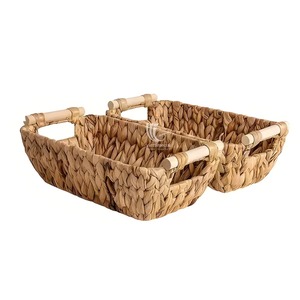 Water Hyacinth Woven <b>Basket</b> <b>Rectangular</b> Storage Tray with Wooden Handles Foldable Organizer for Bathroom Bedroom Living Room - Product Image 3