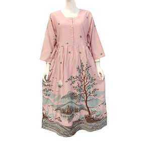 Robe midi décontractée pour femmes, bleu rayé, imprimé floral, manches trois quarts, col carré, coupe ample, coton respirant, tenue de tous les jours - Product Image 6