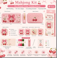 Kit de trousse de maquillage Mahjong Needlepoint, trousse de maquillage à faire soi-même, pochette à fermeture éclair en toile de coton imprimée, trois côtés, pour débutant