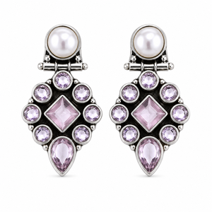 MOQ Available Trendy Flower Antique <b>Silver</b> Pearl <b>Dangle</b> <b>Earrings</b> | Pink Stone Drop <b>Earrings</b> | Handmade Ethnic Jewelry | Boho - Product Image 1