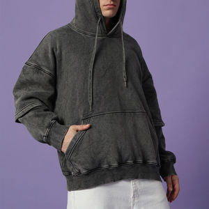 Sudaderas con capucha de doble capa para hombre, de peso pesado, con efecto lavado ácido y desgastado, estilo oversize - Product Image 2