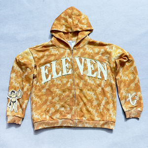 Sudadera con capucha unisex gótica de algodón grueso con cremallera, parche de letras personalizado bordado, estilo streetwear, con pedrería y efecto desgastado. - Product Image 1