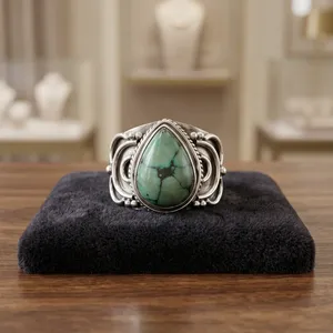 Anillo de cóctel de plata de ley 925 con turquesa tibetana, engaste de bisel vintage, joyería étnica bohemia llamativa, unisex, para uso diario - Product Image 3