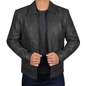 Blouson aviateur en cuir véritable pour homme, col rabattu, fermeture éclair, style moto, veste en cuir pour l'automne - Product Image 5